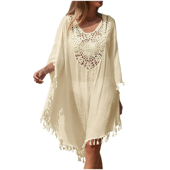 BSDJILFG Women's Swimwear Cover Ups Long Sleeve Tassel Summer Boho Dress Crochet Crewneck Vintage Loose Fit Bikini Dress