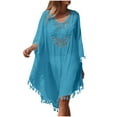 thumbnail image 1 of BSDJILFG Women's Swimwear Cover Ups Long Sleeve Tassel Summer Boho Dress Crochet Crewneck Vintage Loose Fit Bikini Dress, 1 of 5