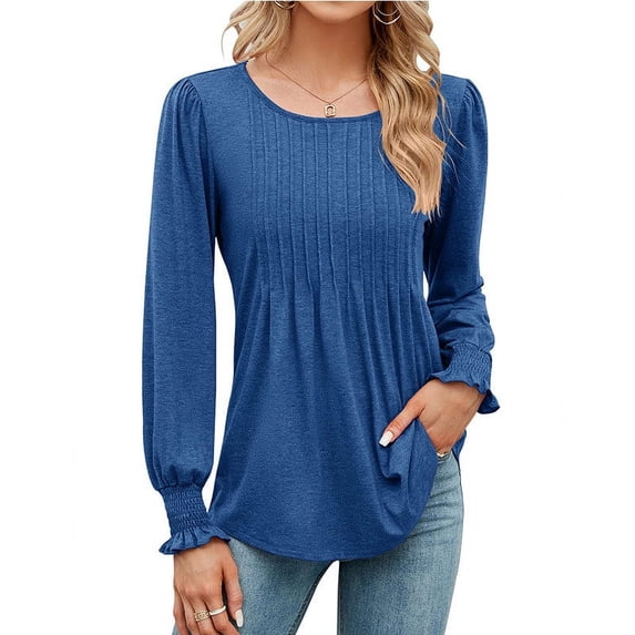 BSDJILFG Women's Tunic Tops Casual Pleated Shirts Puff Sleeve Tees Round Neck Flowy Long Sleeve Blouse
