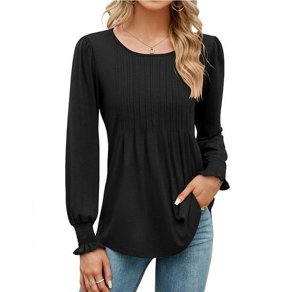 BSDJILFG Women's Tunic Tops Casual Pleated Shirts Puff Sleeve Tees Round Neck Flowy Long Sleeve Blouse