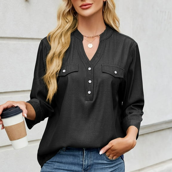 BSDJILFG Womens 3/4 Sleeve Summer Tops Button Up Dressy Casual Blouse V-Neck Pullover Shirts with Pockets
