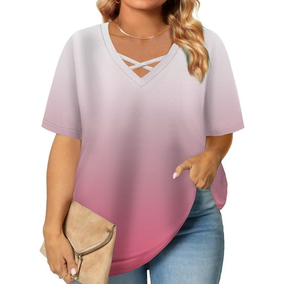 BSDJILFG Womens 5XL Shirts Oversized Loose Fit Cross V-Neck Straps Gradient Color Summer Holiday Tops