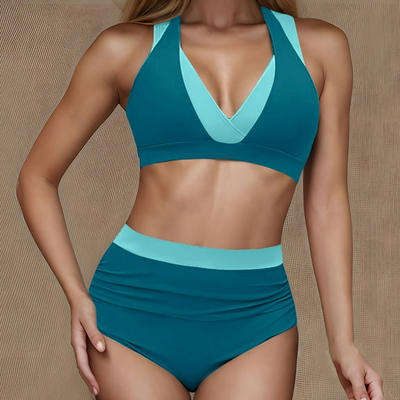 BSDJILFG Womens Bikini Swimsuits Summer Dressy Casual Color Blocked Halter Lace Up Sports Bra and High Waisted Hipster Swimwear Bottom Holiday Beachwear Swimwear