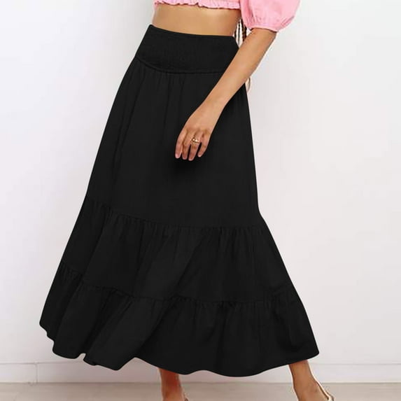 BSDJILFG Womens Boho Skirt Summer 2025 Pleated Flowy Ruffle Maxi Skirts High Elastic Waist Tiered Swing A-Line Skirts