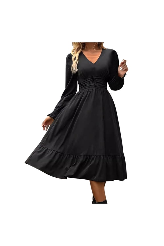 Womens Cocktail Dress Elegant High Waist Ruched Long Sleeve V-Neck A-Line Swing Evening Party Prom Dress