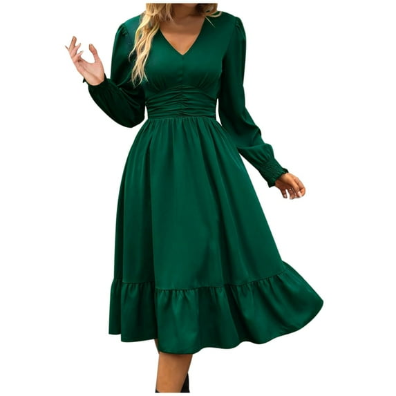 BSDJILFG Womens Cocktail Dress Elegant High Waist Ruched Long Sleeve V-Neck A-Line Swing Evening Party Prom Dress