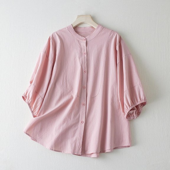 BSDJILFG Womens Cotton Tops 3/4 Sleeve Solid Color Embroidery Stand-Up Collar Blouses Loose Button Up Top