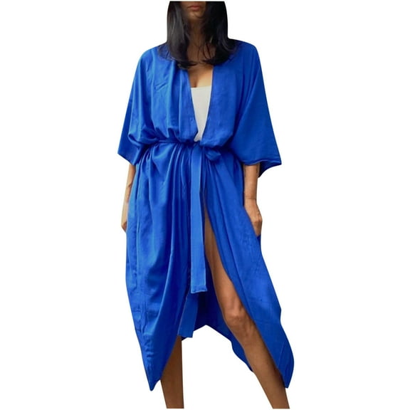 BSDJILFG Womens Cover Ups Bathing Suit Loose Fit Long Cardigan Casual Solid Color Belted Half Sleeve Open Front Beachwear Swimwear