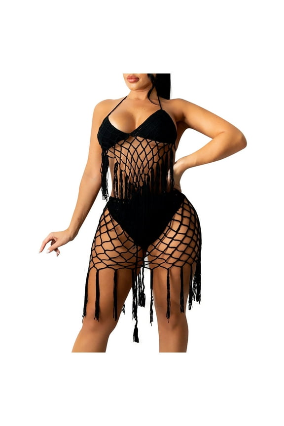 Womens Cover Ups Mesh Sheer Halter Neck Shirt Crochet Knit Bikini Tankini Swimsuit Cover-Ups Swimwear Beachwear