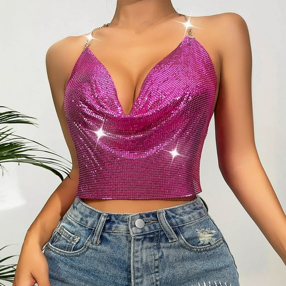 BSDJILFG Womens Crop Tops Sexy Halter Neck Tank Top Layering Ruched Camisole with Metal Sequin Decoration Nightclub Playsuit