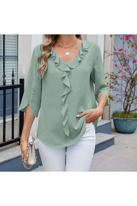 Womens Dressy Casual Blouses 3/4 Sleeve V Neck Silky Ruffle Tops Business Ladies Summer Trendy Office Work Shirt