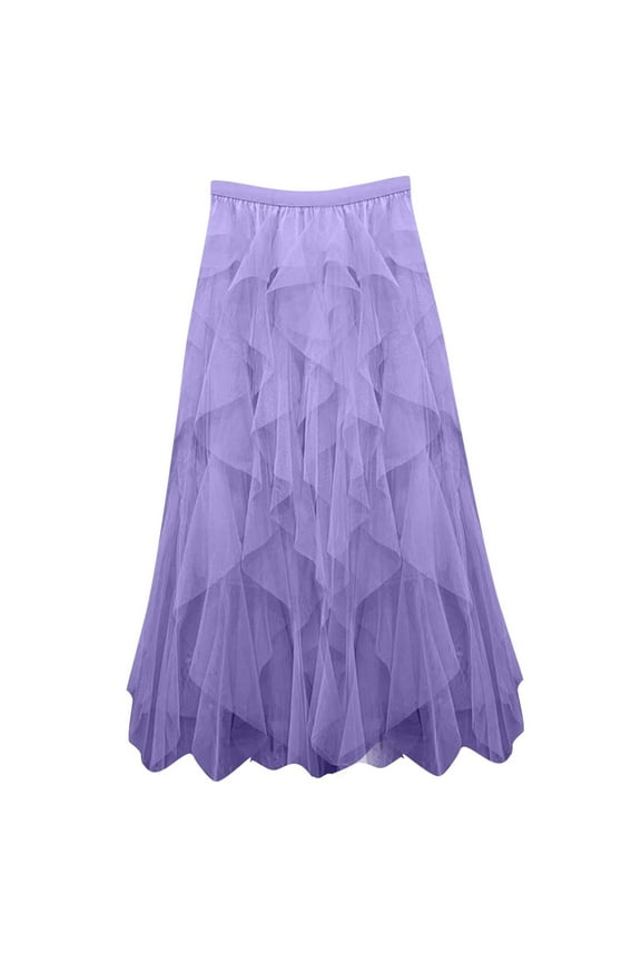 Womens Elegant Skirts High Waist Fluffy Puffy A-Line Asymmetrical Mesh Maxi Skirt Winter