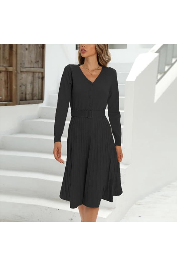 Womens Fall Dresses High Waisted Long Sleeve Crewneck Knee Length Chunky Knit Bodycon Sweater for Winter