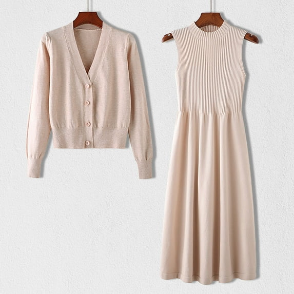 BSDJILFG Womens Fall Outfits 2025,Two Piece Lounge Sets for Women,High Waist Sleeveless Sweater Soft Knit Bodycon Dress and Button Down Cardigan Sweaters