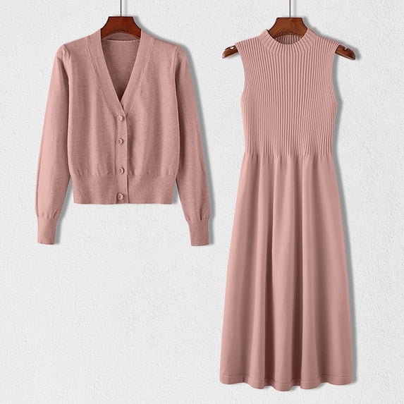 BSDJILFG Womens Fall Outfits 2026,Two Piece Lounge Sets for Women,High Waist Sleeveless Sweater Soft Knit Bodycon Dress and Button Down Cardigan Sweaters