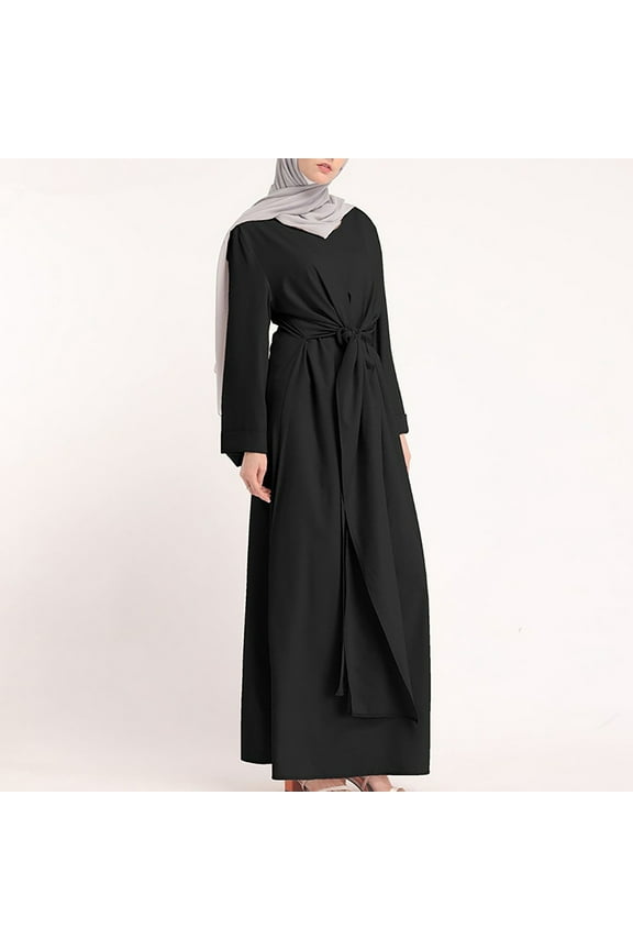 Womens Muslim Dress Vintage Middle East Kaftan Abaya Arabian Robe Islamic Crew Neck Long Sleeve Swing Ethnic Flowy Maxi Cardigan Dress