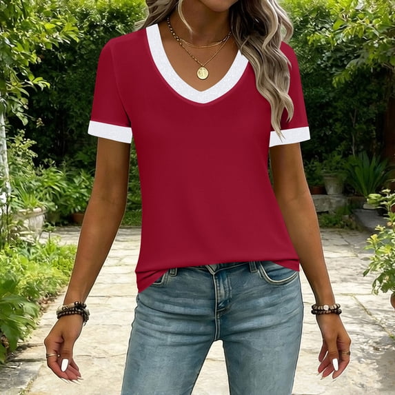 BSDJILFG Womens Pajama Tops Summer Casual V-Neck Basic Tees Color Blocked Short Sleeve Pullover Sleepwear
