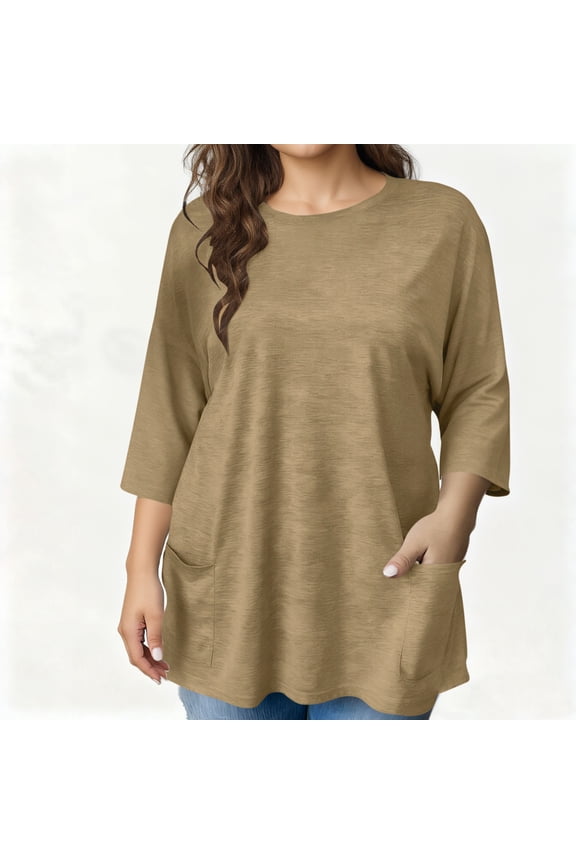 Womens Plus Size 3/4 Sleeve Pajama Tops with Pockets,35% Cotton T-Shirts Breathable Crewneck Loose Fit Tunic Pocket Tees Sleepwear L-5XL