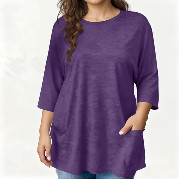 BSDJILFG Womens Plus Size 3/4 Sleeve Pajama Tops with Pockets,35% Cotton T-Shirts Breathable Crewneck Loose Fit Tunic Pocket Tees Sleepwear L-5XL