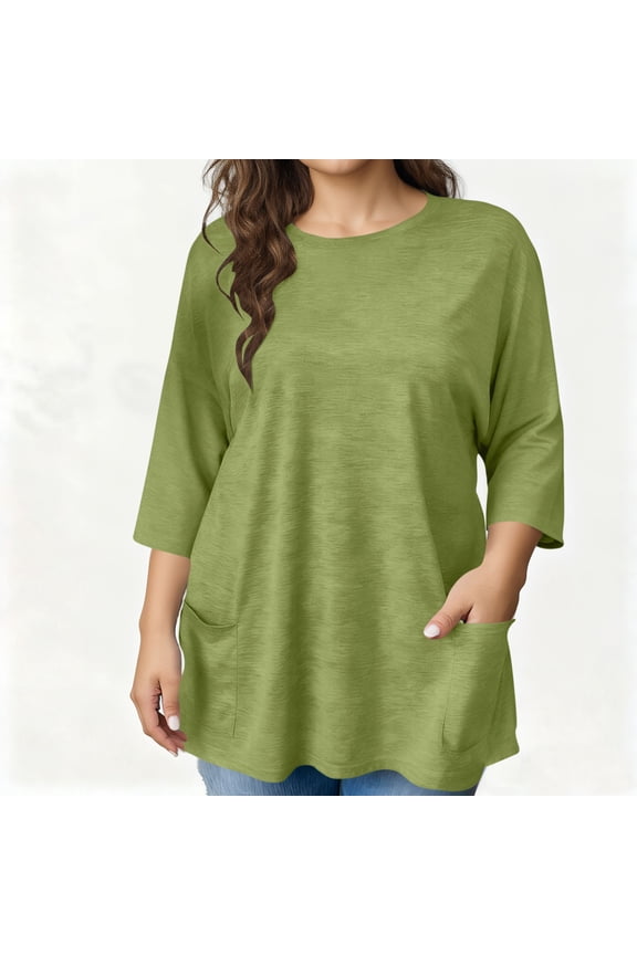 Womens Plus Size 3/4 Sleeve Pajama Tops with Pockets,35% Cotton T-Shirts Breathable Crewneck Loose Fit Tunic Pocket Tees Sleepwear L-5XL