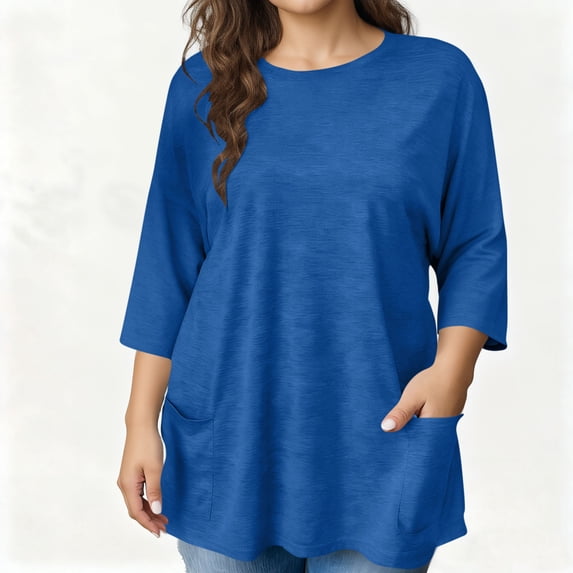 BSDJILFG Womens Plus Size 3/4 Sleeve Pajama Tops with Pockets,35% Cotton T-Shirts Breathable Crewneck Loose Fit Tunic Pocket Tees Sleepwear L-5XL