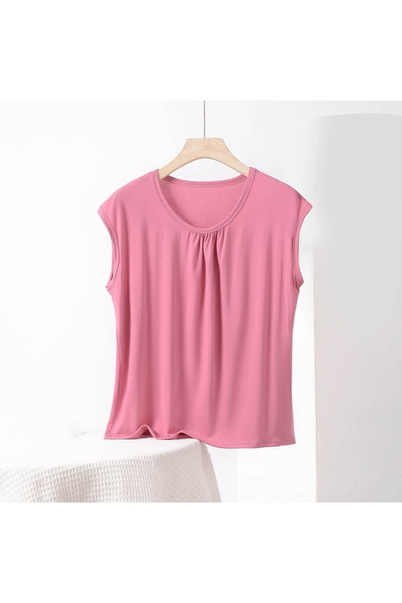 Womens Plus Size Tank Top Sleeveless Sleep Shirts Soft Pajama Tops Solid Color Pleated Lightweight Lounge Tops