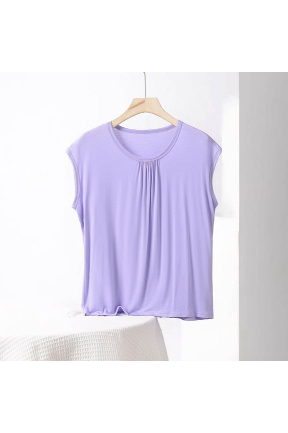 Womens Plus Size Tank Top Sleeveless Sleep Shirts Soft Pajama Tops Solid Color Pleated Lightweight Lounge Tops
