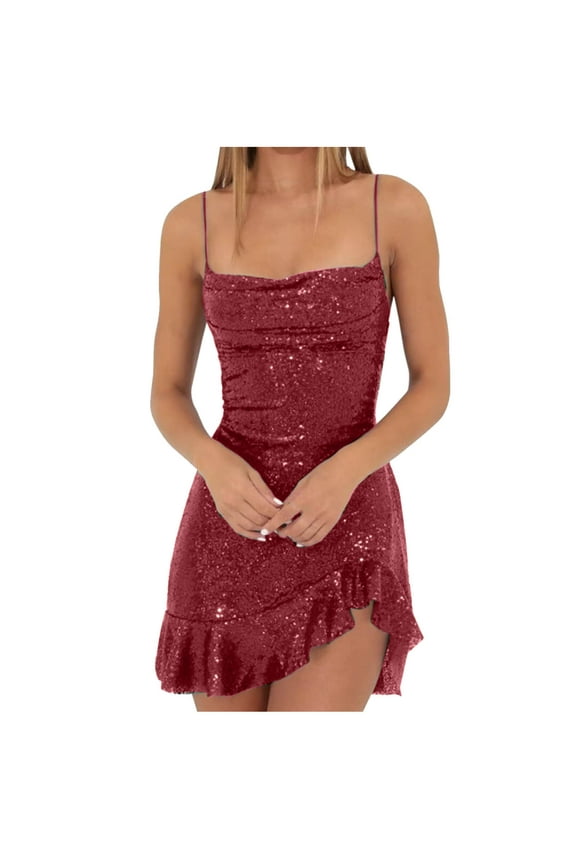 Womens Sequin Dress Elegant Short Wrap Cocktail Dress Sleeveless Tank Crewneck Spaghetti Strap Tassel Hem Nightclub Prom Party Mini Dresses Fall