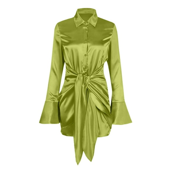 BSDJILFG Womens Shirt Dress Cute V-Neck Tie Waist Lapel Pullover Button Down Shirts Solid Color Silky Long Sleeve Workwear Short Blouses Christmas