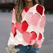 BSDJILFG Womens Shirts Long Sleeve Basic Tees Valentine's Day Gifts Plus Size Tops Juniors Cute Hearts Print Crewneck Basic Tees Birthday Gifts