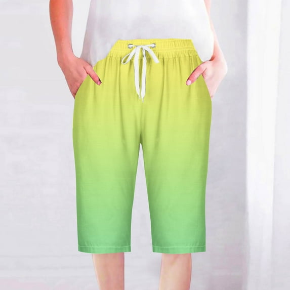 BSDJILFG Womens Shorts ,5" Inseam Linen Shorts for Women Knee Length Summer Athletic Shorts Gradient Color Elastic Drawstring Lounge Shorts with Pocket