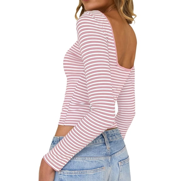 BSDJILFG Womens Striped Shirts Y2K Juniors Crop Top Long Sleeve Open Back Crewneck Fall Spring Lounge Tops 2026