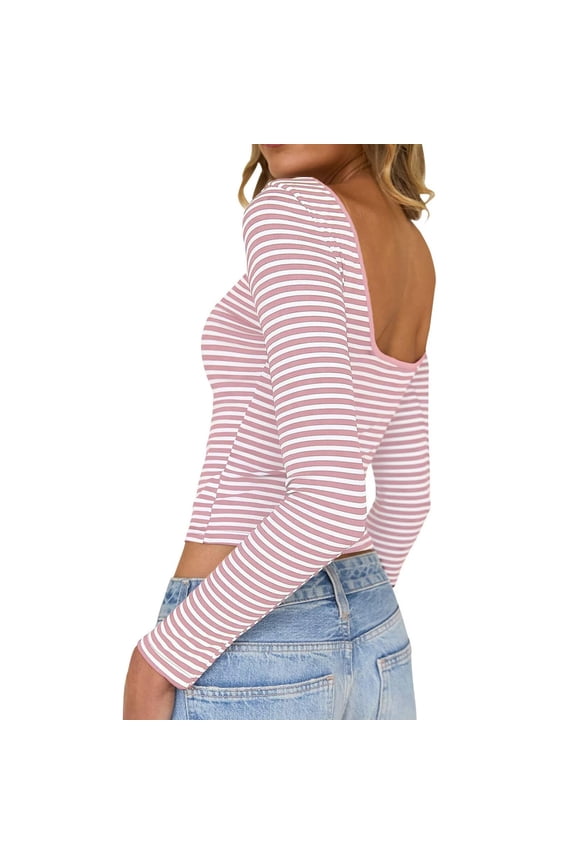Womens Striped Shirts Y2K Juniors Crop Top Long Sleeve Open Back Crewneck Fall Spring Lounge Tops 2026