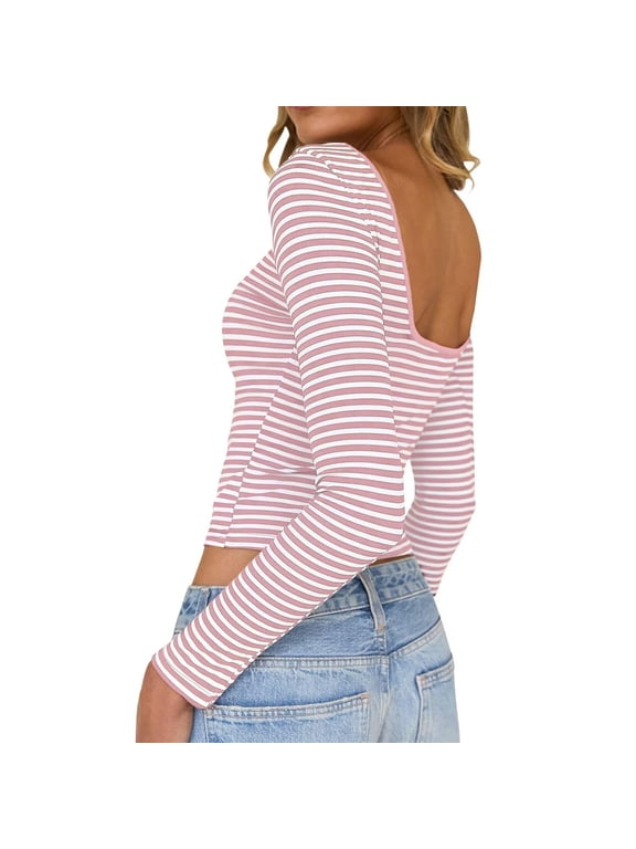 Womens Striped Shirts Y2K Juniors Crop Top Long Sleeve Open Back Crewneck Fall Spring Lounge Tops 2026