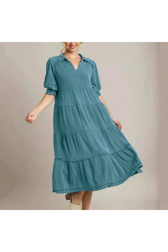 Womens Summer Tiered Dress Plus Size Maxi Flowy Sundresses Puff Sleeve Swing Ruffle Dress with Collar