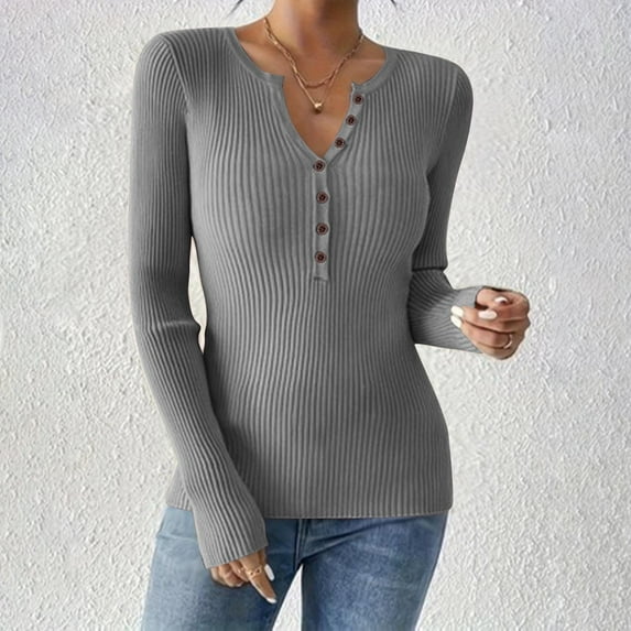 BSDJILFG Womens Sweaters Textured Ribbed Knit Shirt Long Sleeve Henley Button Up Slim Fit Blouse
