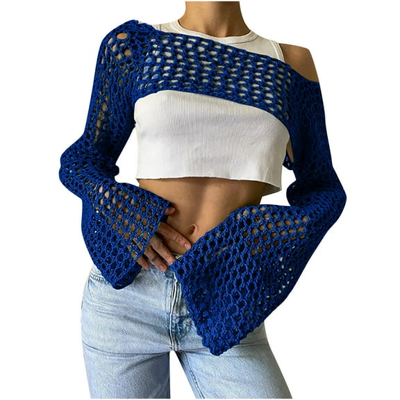 BSDJILFG Womens Swimsuit Cover Up ,Summer Casual Crochet Tube Top Y2K Long Sleeve See Sheer Crewneck Knit Shirts