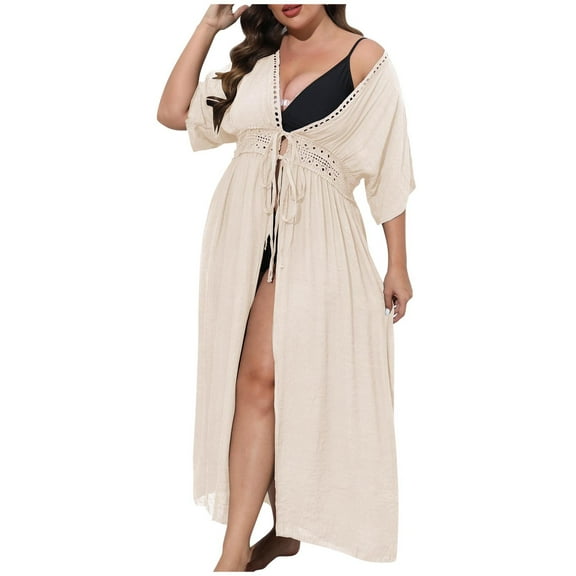 BSDJILFG Womens Swimsuit Cover Up Long Cardigan Lightweight Flowy Short Sleeve Loose Fit Tie Waist High Split Shirt Dress