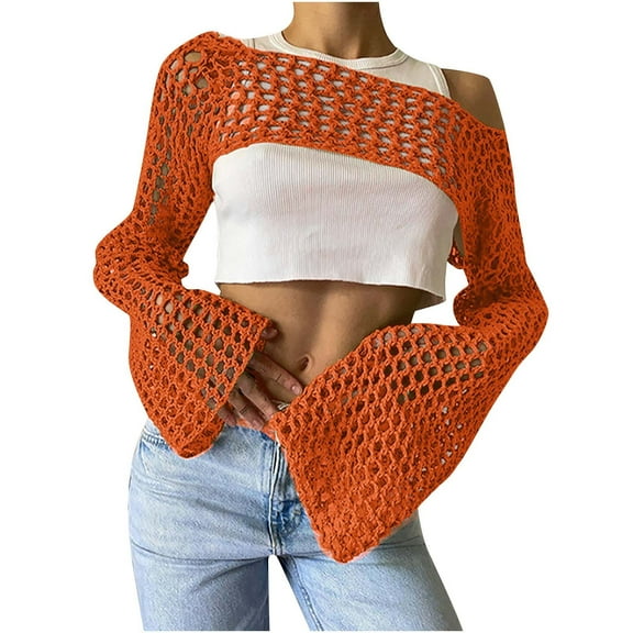 BSDJILFG Womens Swimsuit Cover Up ,Summer Casual Crochet Tube Top Y2K Long Sleeve See Sheer Crewneck Knit Shirts