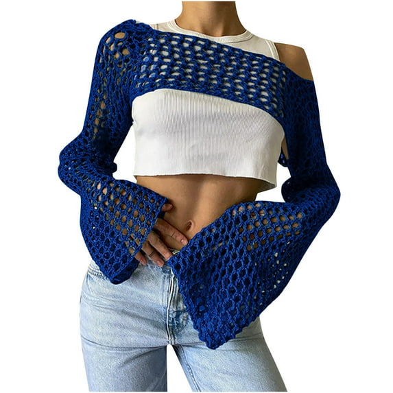 BSDJILFG Womens Swimsuit Cover Up ,Summer Casual Crochet Tube Top Y2K Long Sleeve See Sheer Crewneck Knit Shirts