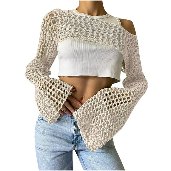 BSDJILFG Womens Swimsuit Cover Up ,Summer Casual Crochet Tube Top Y2K Long Sleeve See Sheer Crewneck Knit Shirts