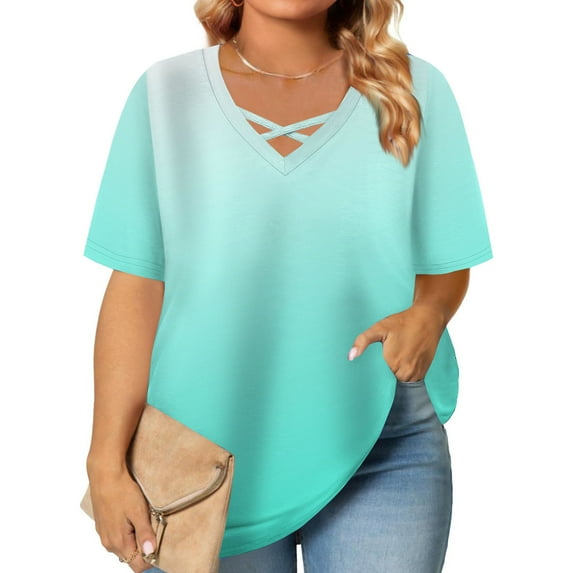 BSDJILFG Womens T-Shirts Graphic Summer Tops Gradient Color Cross Straps Short Sleeve Plus Size Oversized Shirts ,XL-5XL