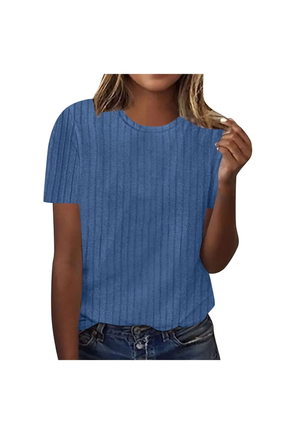 Womens T-Shirts ,Plus Size Basic Tees for Women Summer Casual Short Sleeve Ribbed Knit Shirt Crewneck Solid Color Pullover Tops,S-3XL