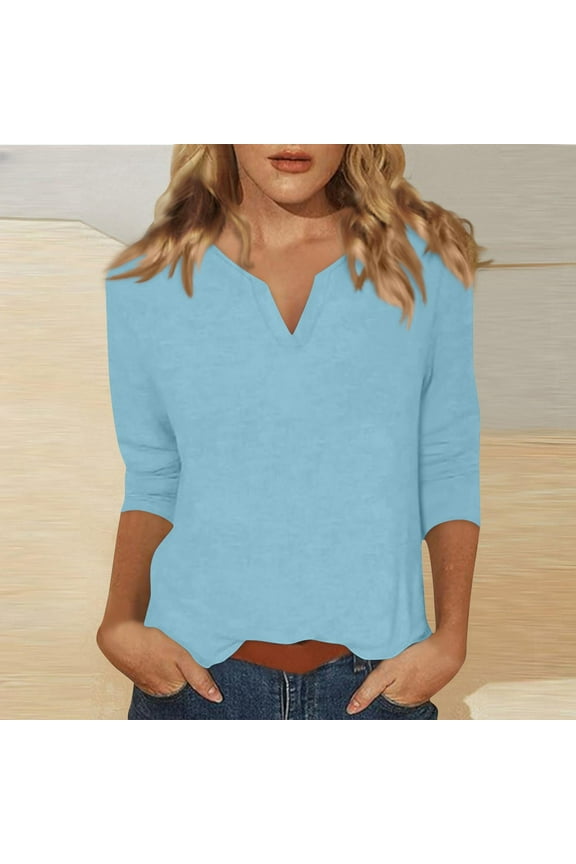 Womens Tops 3/4 Sleeve Shirts V Neck Loose Casual Blouses Solid Color Tshirts Pajama Sleepwear