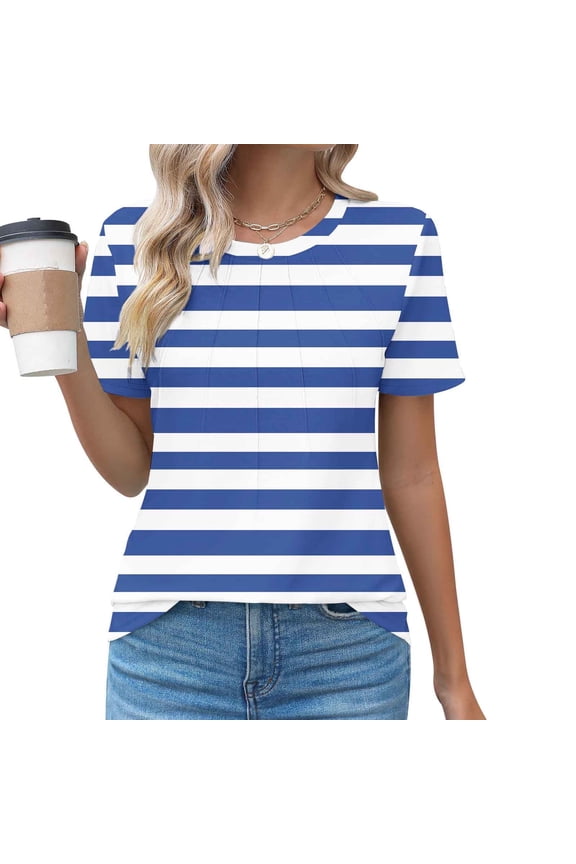 Womens Tops Striped Print Crew Neck Short Sleeve Shirts Ruched Summer Tank Tops on Spring S-3XL