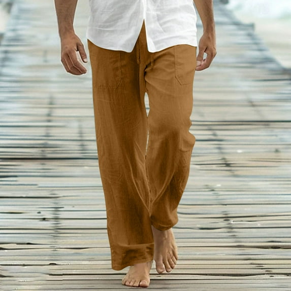 BSDJILFG Work Pants Men Big and Tall Casual Beach Pants Breathable Straight Leg Elastic Drawstring with Pockets,Sizes S-5XL