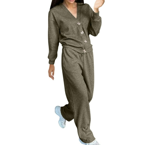 BSDJILFG Workout Sets for Women 2-Piece Lounge Sets Casual Slim Fit Cardigans Long Sleeve Solid Color Shirts Loose Elastic Straight Leg Pants Sports Gym Outfits Clearance