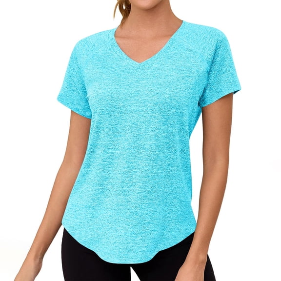 BSDJILFG Workout Tops for Women Athletic Quick Drying Cooling T-Shirt Breathable Curved Hem V-Neck Short Sleeve Running Shirt