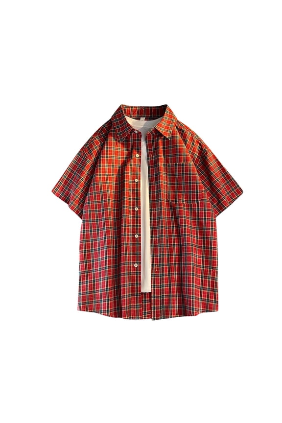 Y2K Shirts Father's Day Men's Short Sleeve Plaid Shirts for Father's Day Men's Button Down Lapel Tees Tops Relaxation Sleepwear Loungewear