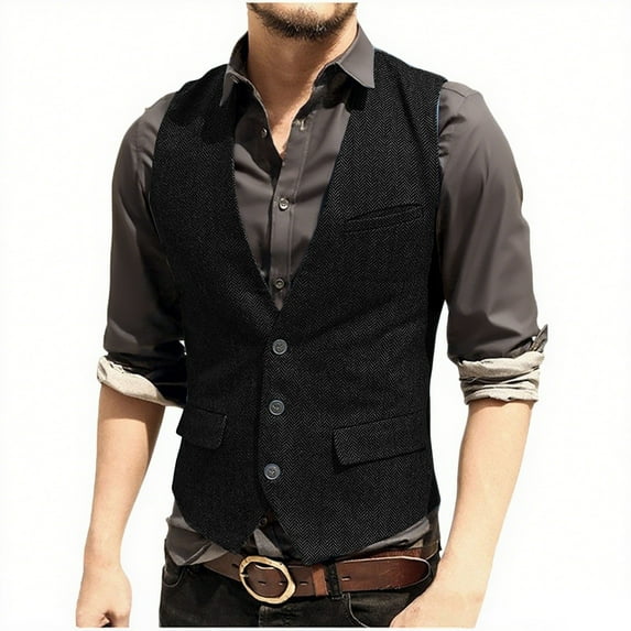 BSDJILFG Young Men's Waistcoat Vintage Dress Vest Sleeveless Suit Vest Slim Fit Deep V-Neck Lapel Jacket Vest